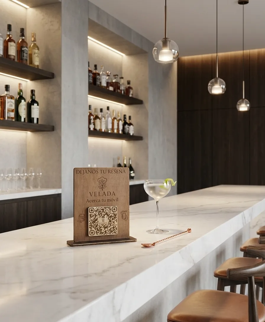 Peana QR NFC de madera en barra de bar